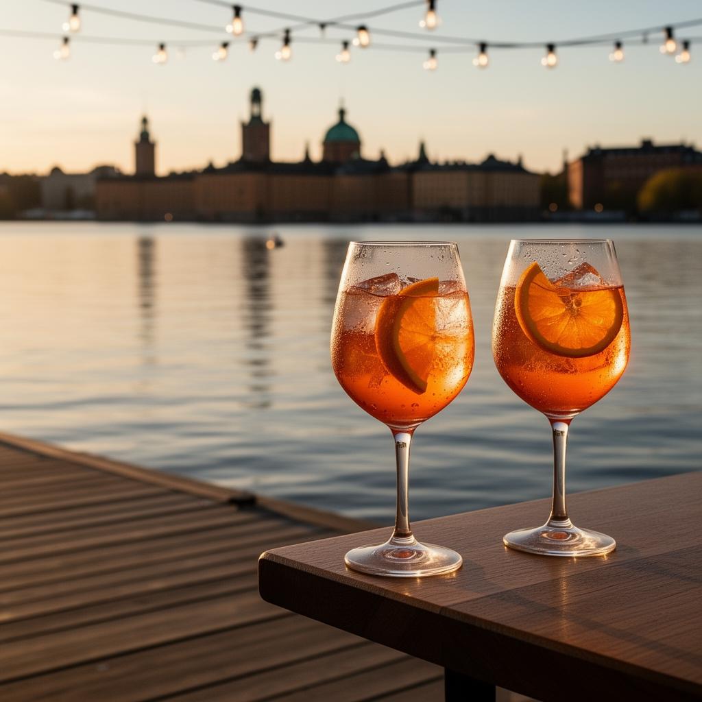 Mälarbryggan terrass vid Riddarfjärden i solnedgång